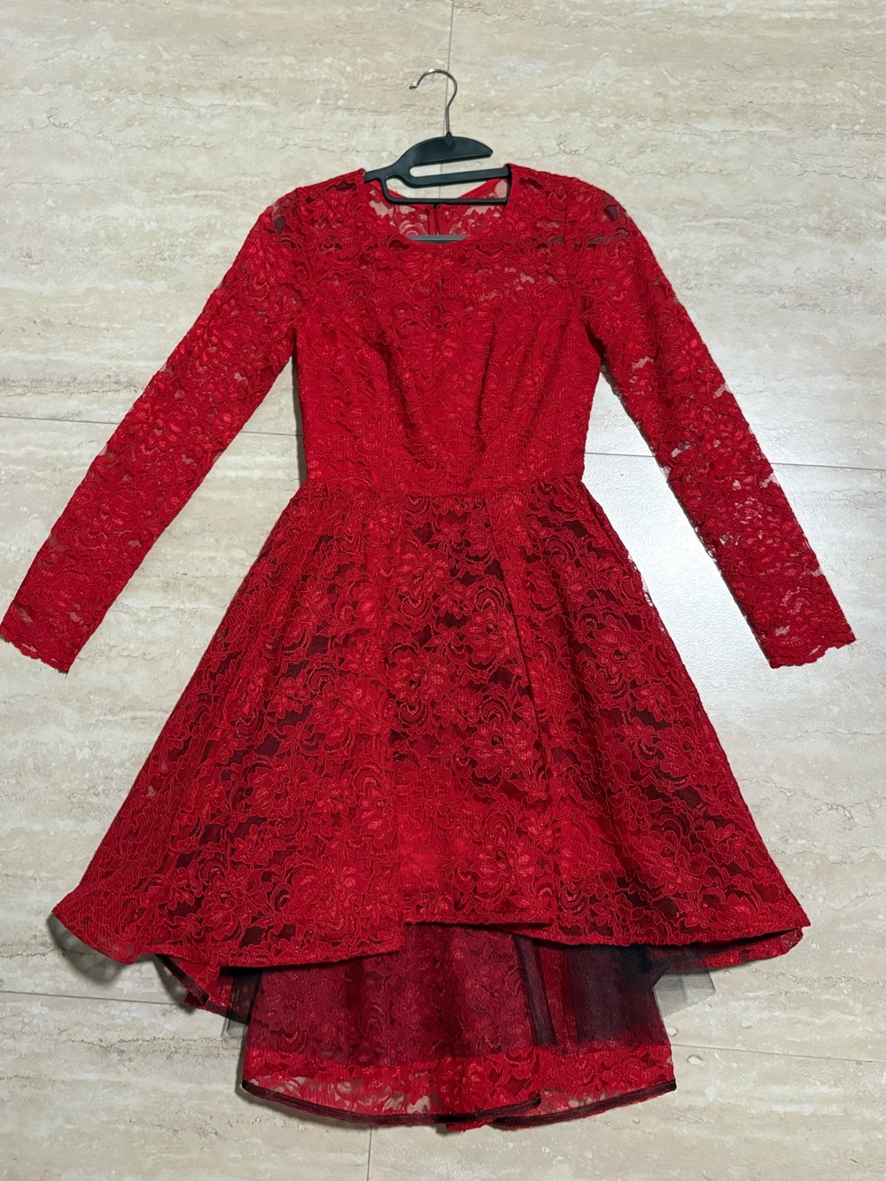 ABS new Red Lace Long-Sleeve high-low Dress